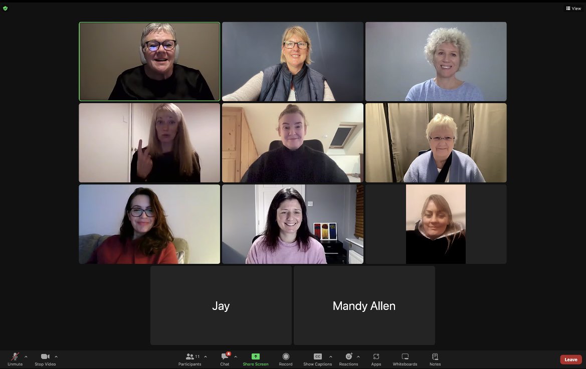 A screenshot of a Zoom meeting. There are nine visible attendees and two hidden.