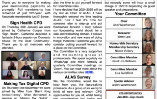 A newsletter covering various topics including Sign Health CPD, Making Tax Digital, ALAS AGM, ALAS Survey and CPD.