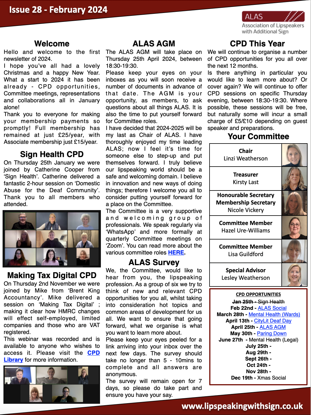 A newsletter covering various topics including Sign Health CPD, Making Tax Digital, ALAS AGM, ALAS Survey and CPD.