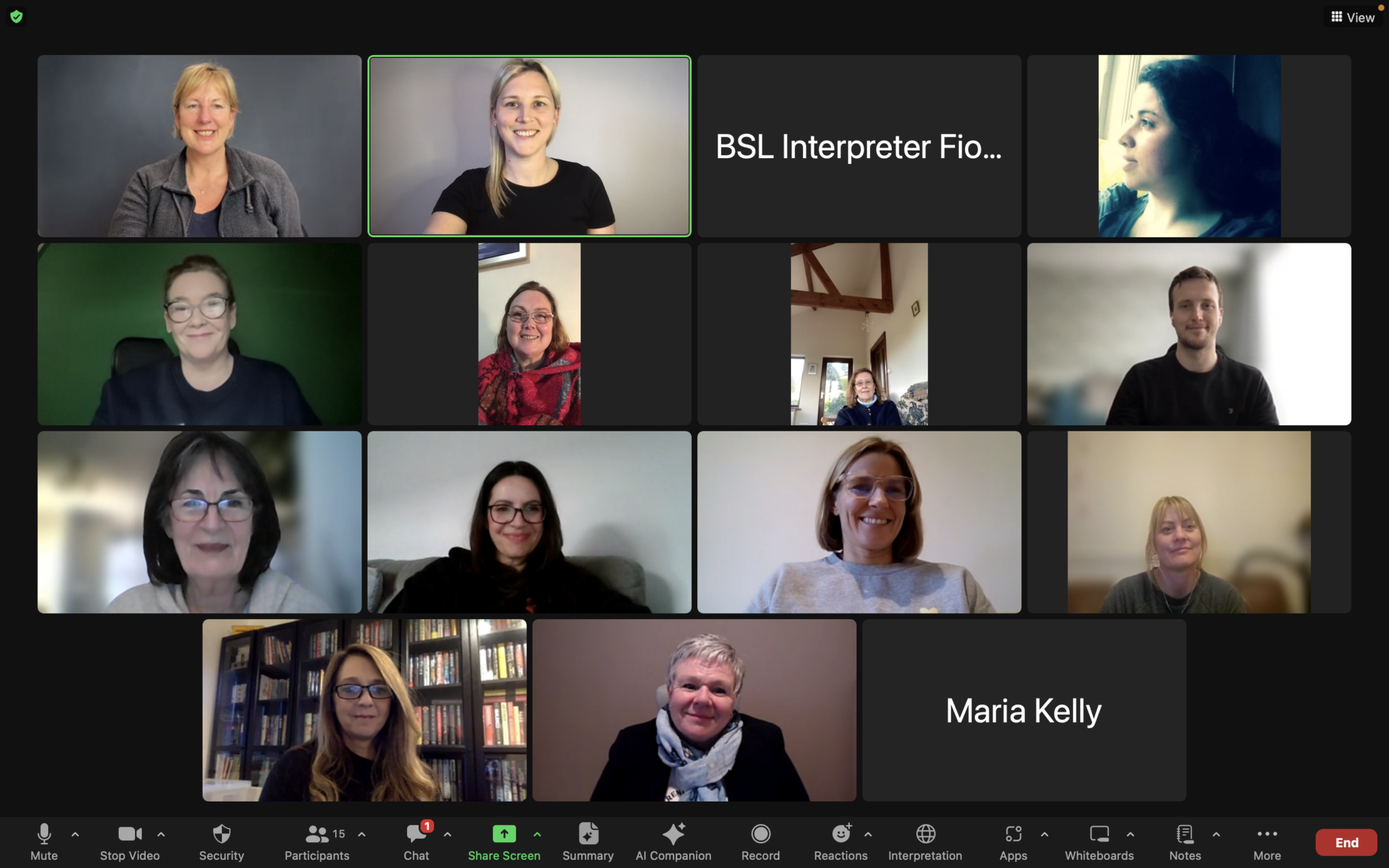 A screenshot of 15 people meeting online, using Zoom.